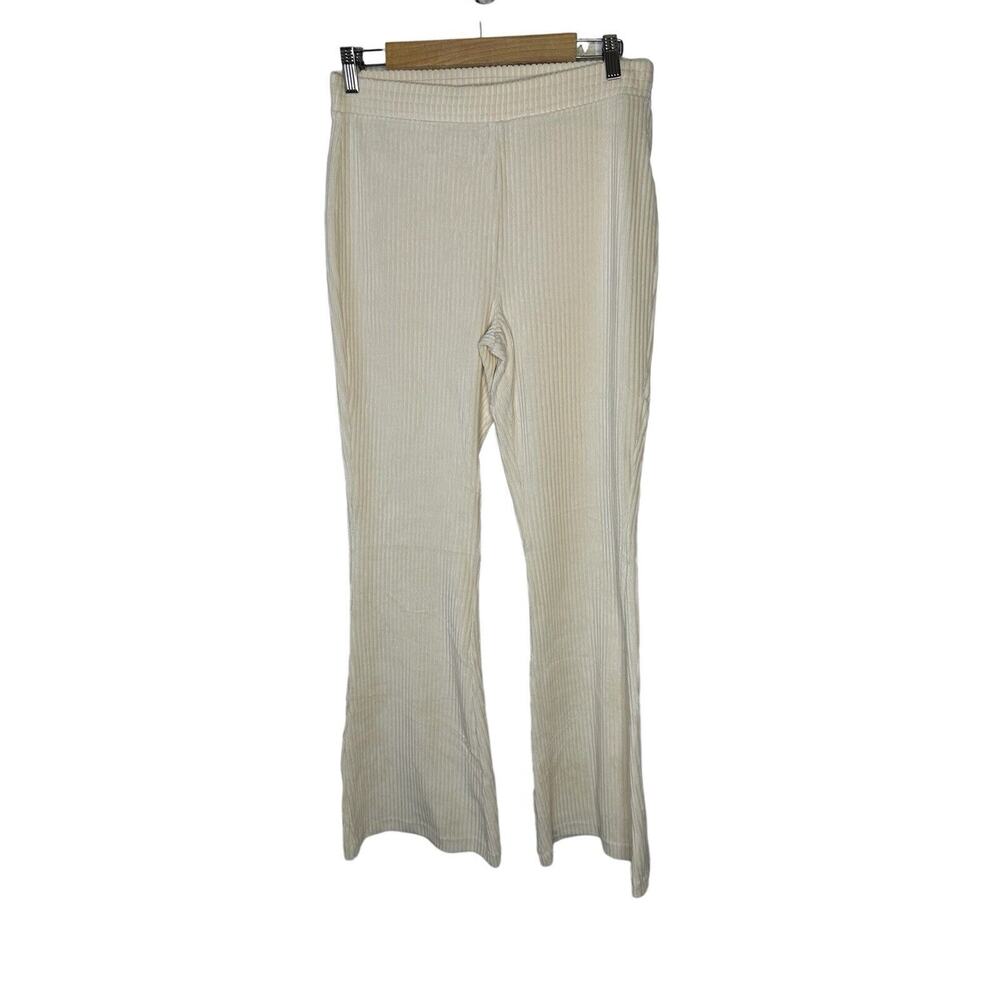 Aerie Women Groove On Velour Pants Lrg High Rise Flare Ribbed Stretch Ivory NWT‎